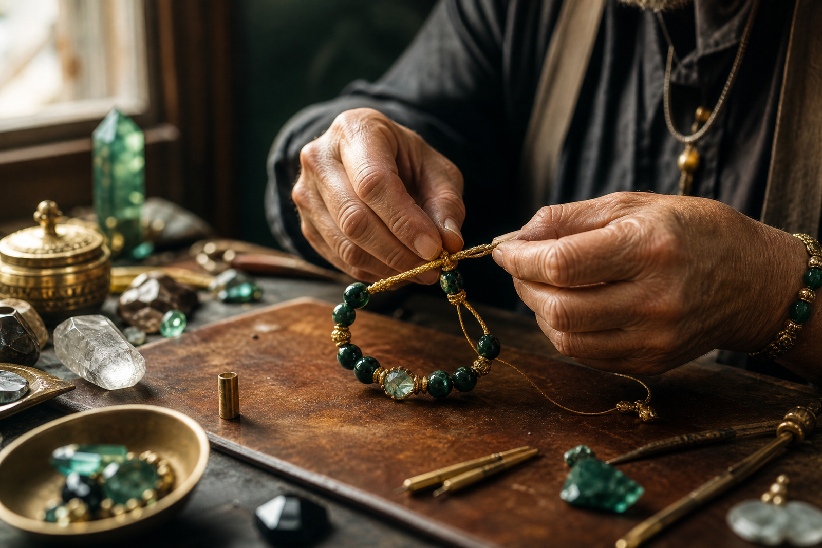 NoorKara artisan hand-knotting a bracelet