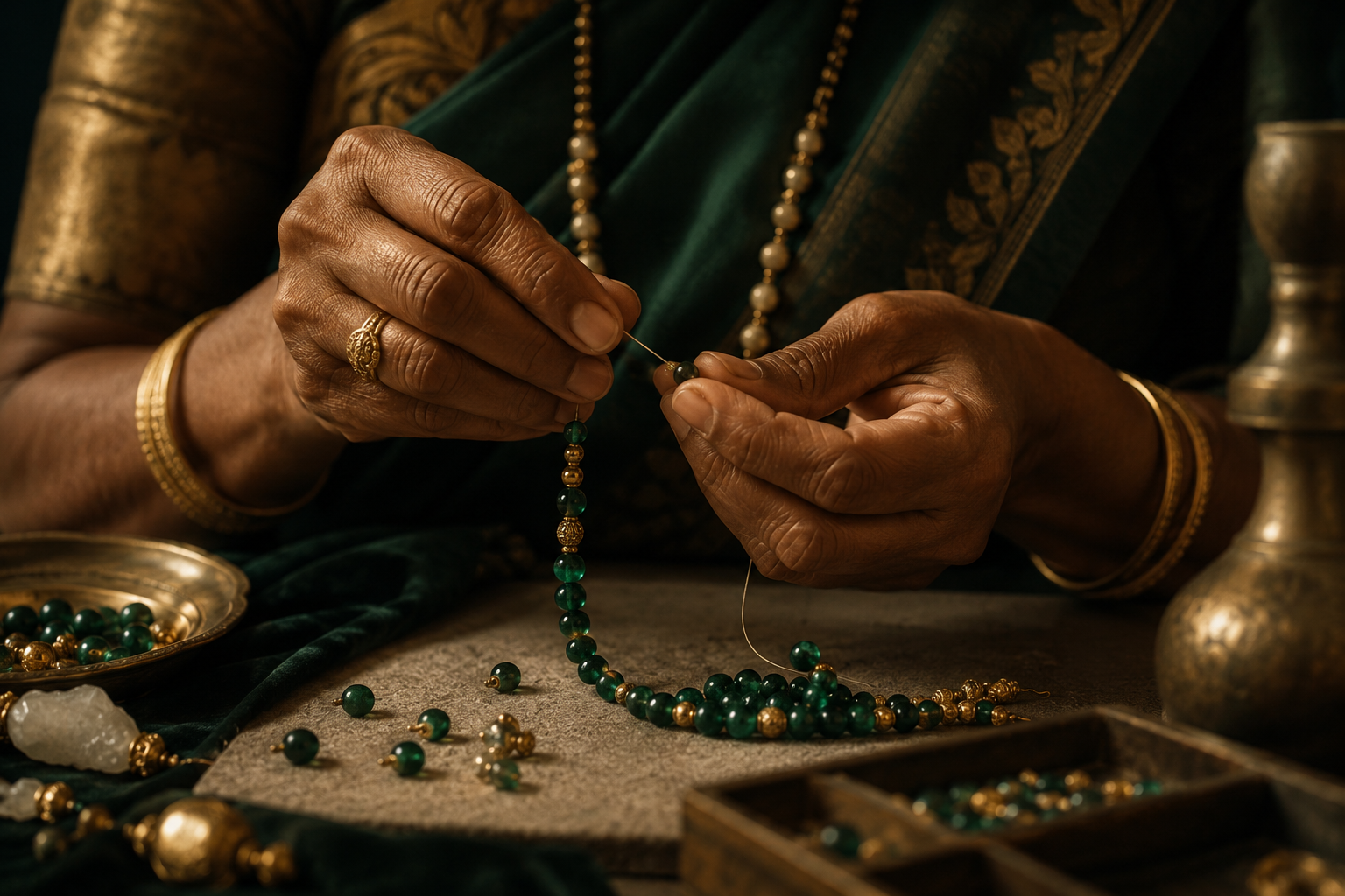 Hands stringing gemstone beads