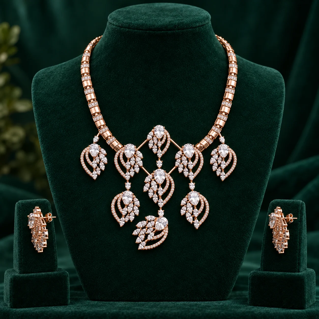 Crystal Leaf Necklace Set by NoorKara