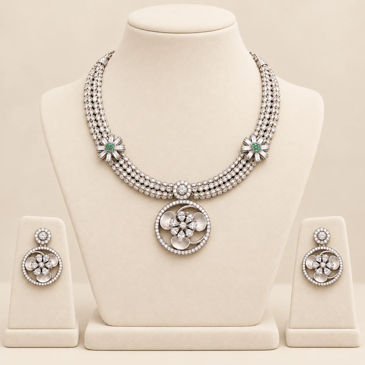 Floral Medallion Silver Necklace Set by NoorKara