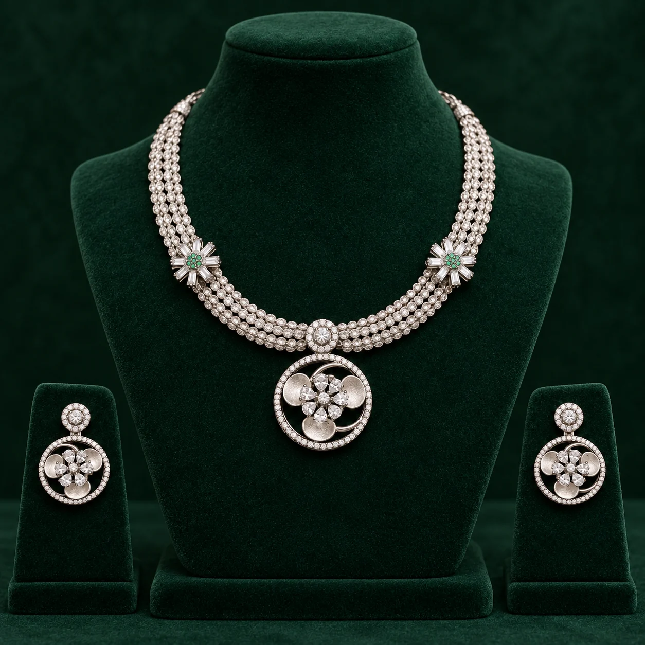 Floral Medallion Silver Necklace Set by NoorKara