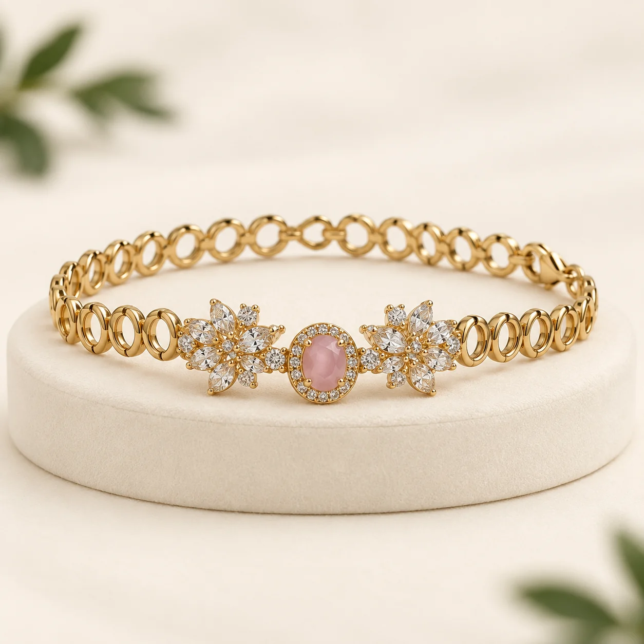 Pink Oval Leaf Cluster Bracelet by NoorKara