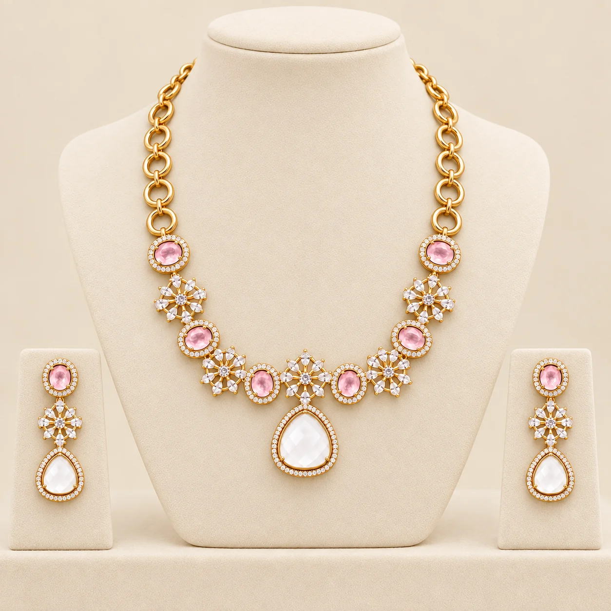 Pink Pearl Drop Necklace Set by NoorKara