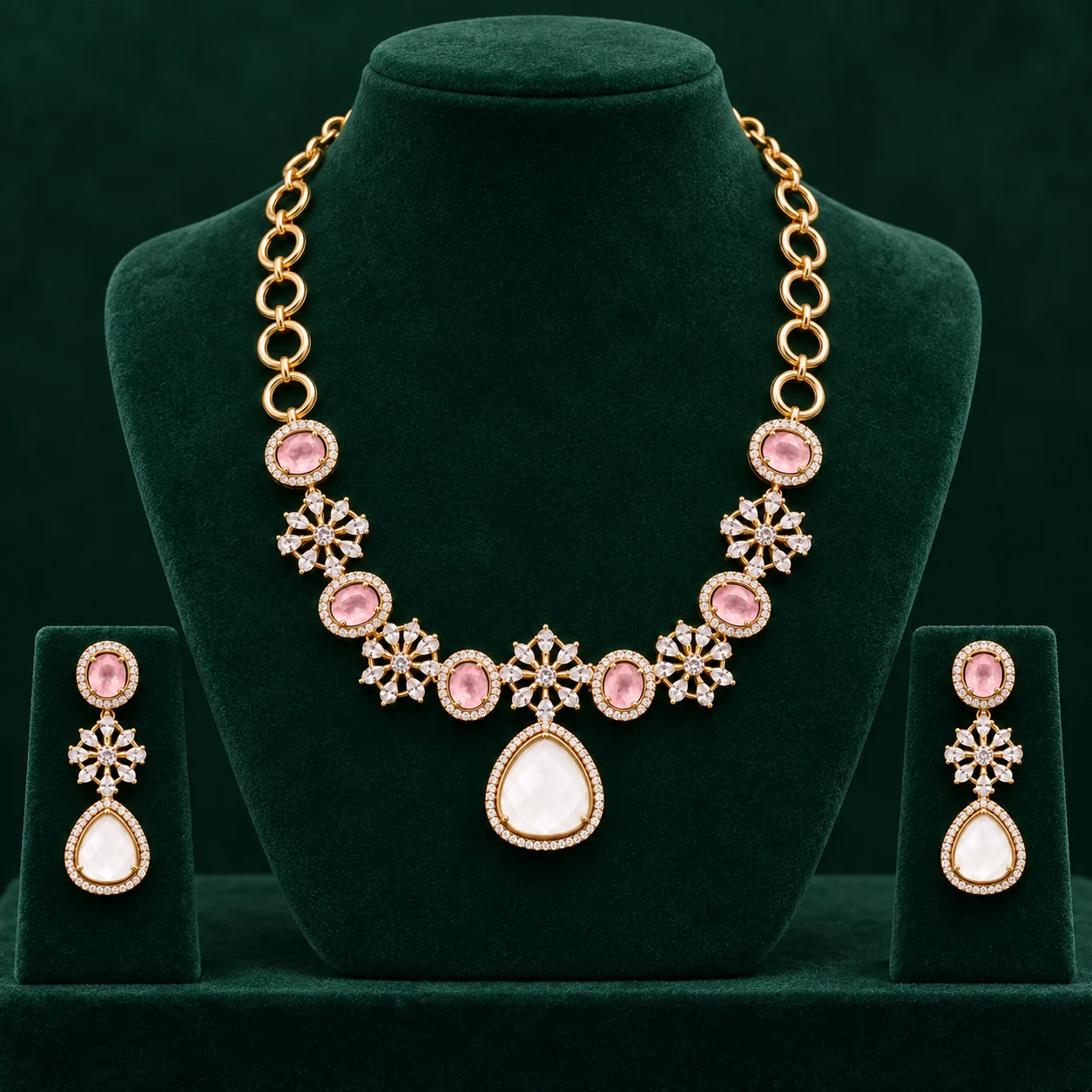 Pink Pearl Drop Necklace Set by NoorKara