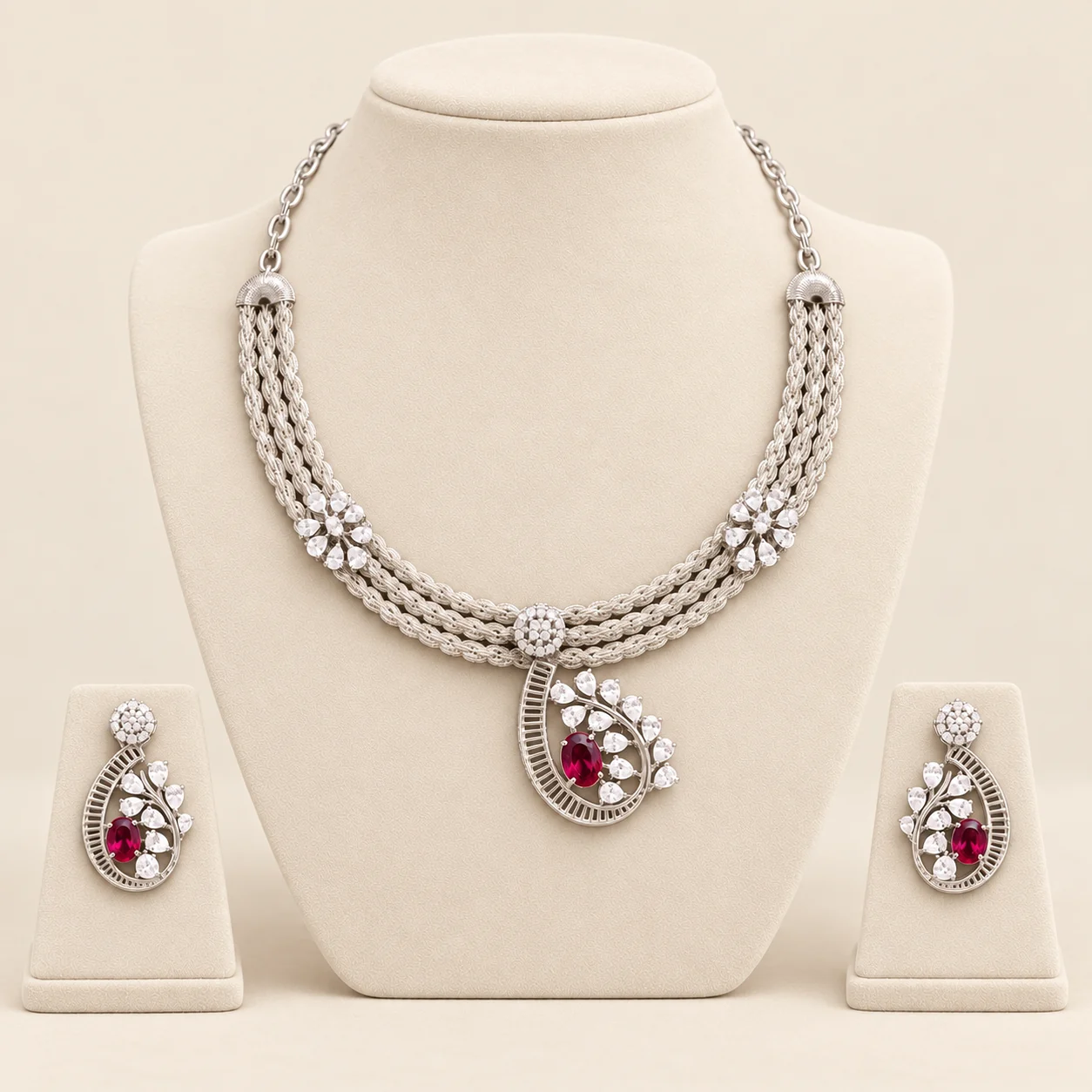 Red Floral Silver Necklace Set by NoorKara