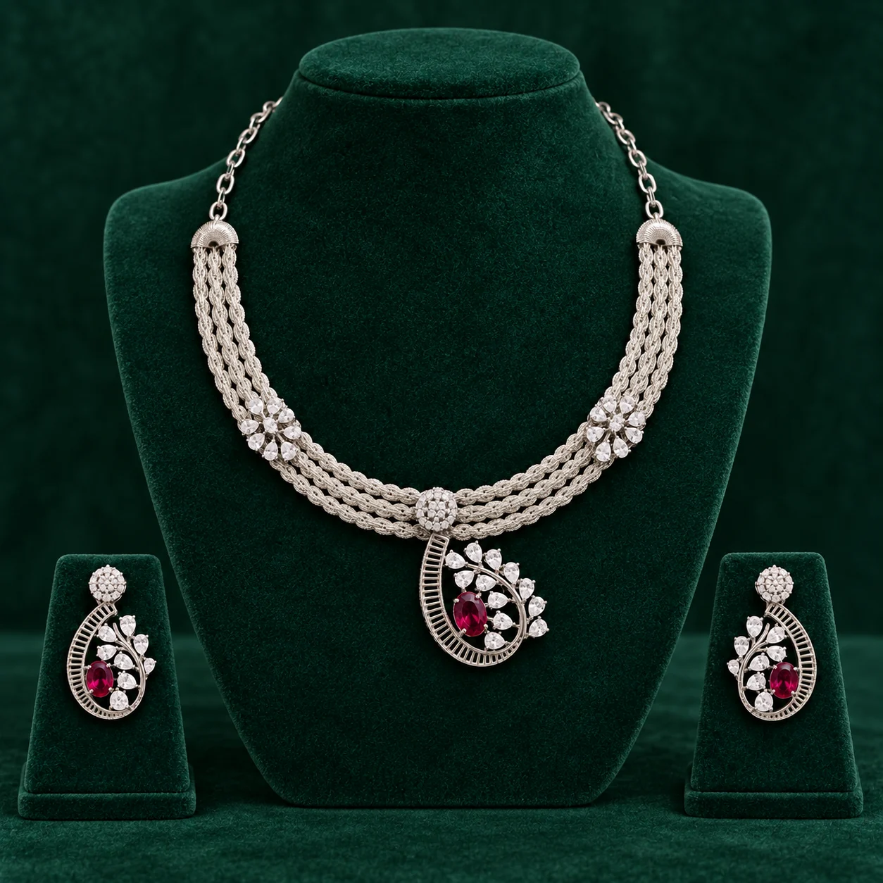 Red Floral Silver Necklace Set by NoorKara